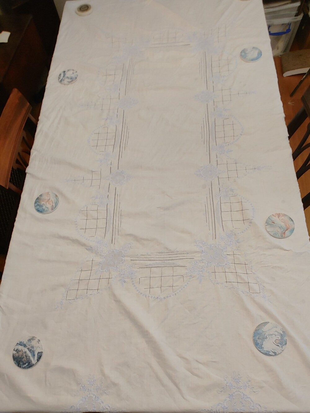 VTG Embroidered White Linen Tablecloth with Light Blue Accents (#433)